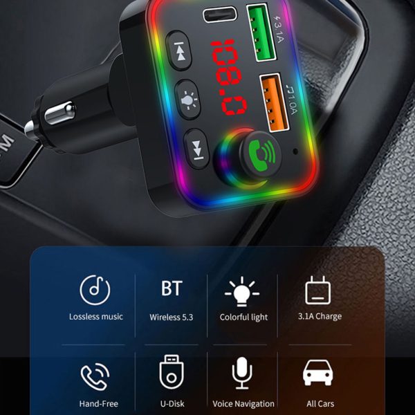 P4 Ambient Light Car MP3 Player FM Transmitter PD Fast Charger+3.1A Car Charger Support Bluetooth Hands-free Calling, U Disk on Sale