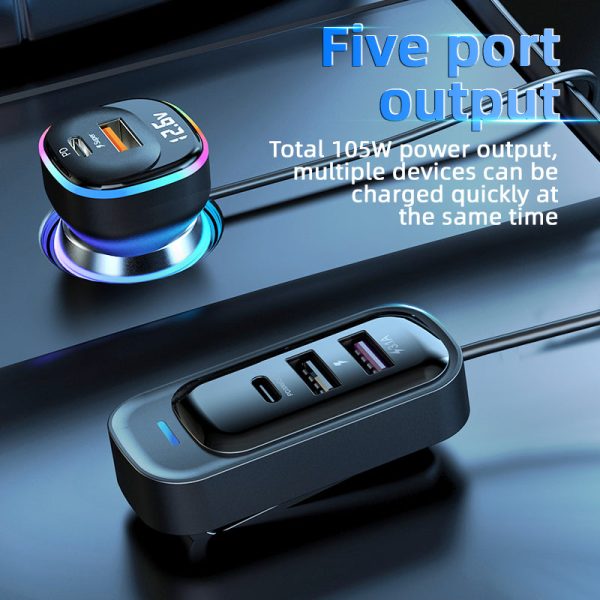 YQ5 5 Multi Ports USB C Car Charger for Rear Seat 105W Fast Car Charger PD 30W Cigarette Lighter Adapter For Sale