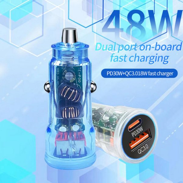 P35 Clear Design 48W Car Charger for Cell Phone, Tablet, Camera, Type-C PD 30W + USB QC 3.0 18W Fast Charging Charger Station on Sale